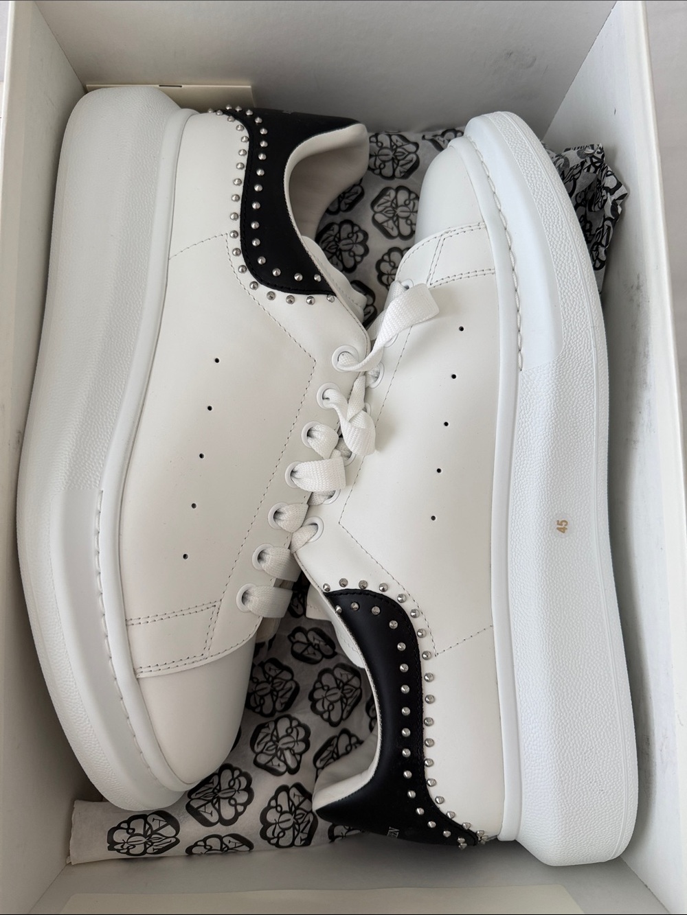 Alexander McQueen White Leather Sneakers with Black Studded Heel Collar